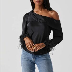 Black Off the Shoulder Top with Feather cuffs